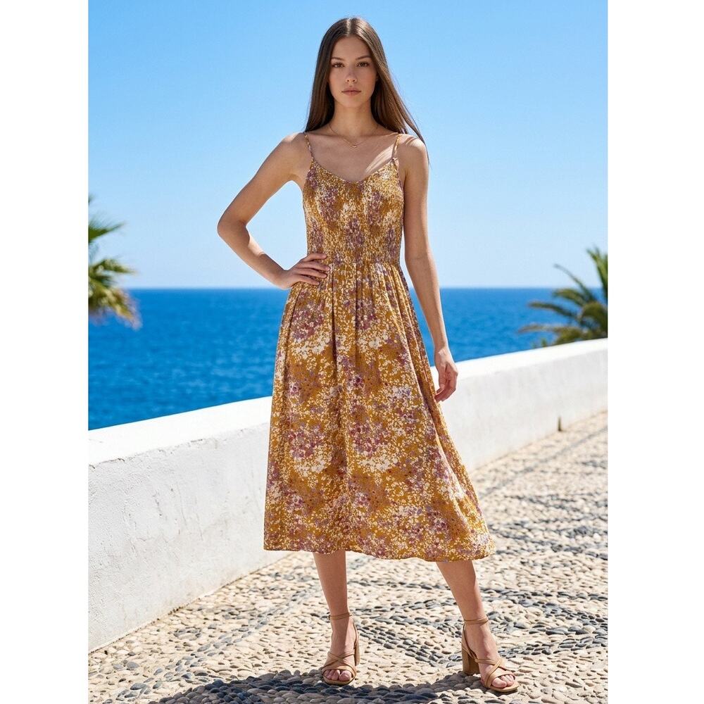Milibon Floral Midi Smocked Dress Womens Medium Beachy Boho Coastal Cruise Party - Picture 1 of 16